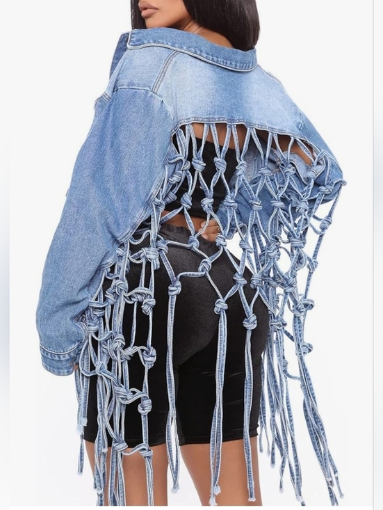 Jackets & Blazers - Cropped Bleached Denim Jacket Women's Size M Macrame Lace Up Back Boho Festival